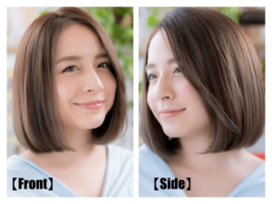 ストレートミディアムボブの全体とサイドのヘアモデル