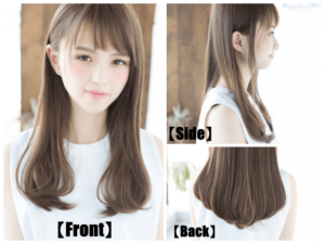 さらさらストレートのロングヘアの全体とサイドとバックのヘアモデル