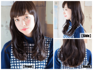 ゆるパーマのロングヘアの全体とサイドとバックのヘアモデル