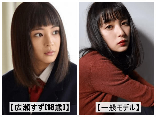 オン眉のストレートミディアムヘアを広瀬すずと一般モデルで比較