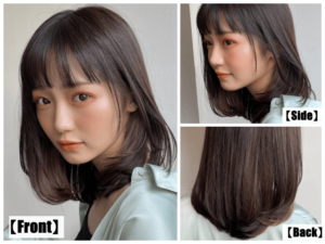 ストレートのミディアムの全体とサイドとバックのヘアモデル