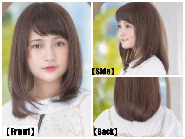 オン眉のストレートミディアムヘアの全体とサイドとバックのヘアモデル