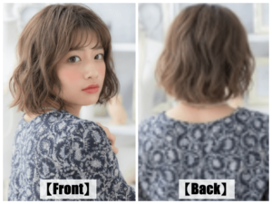 ゆるふわパーマのショートボブの全体とバックのヘアモデル