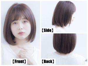 ストレートボブの全体とサイドとバックのヘアモデル