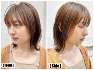 明るめカラーのミディアムの全体とサイドのヘアモデル