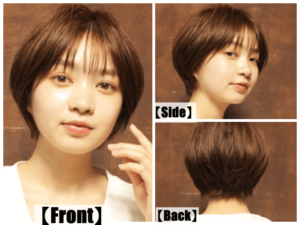 丸みショートの全体とサイドとバックのヘアモデル