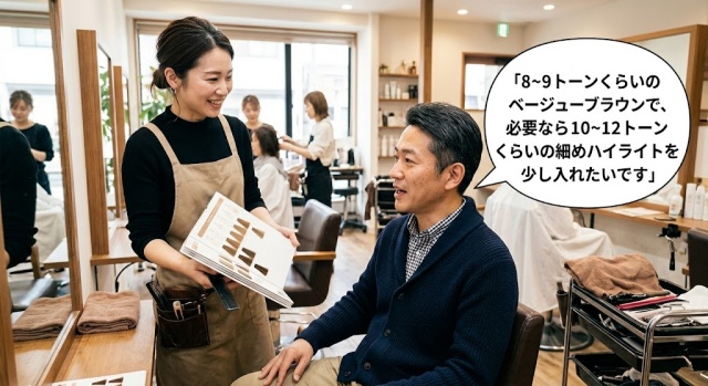 美容室で40代の日本人男性客が美容師に、「8〜9トーンくらいのベージュブラウンで、必要なら10〜12トーンくらいの細めハイライトを少し入れたいです」と伝えている様子