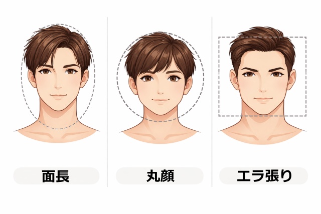 面長、丸顔、エラ張りの3つを分割表示したイメージイラスト画像。
