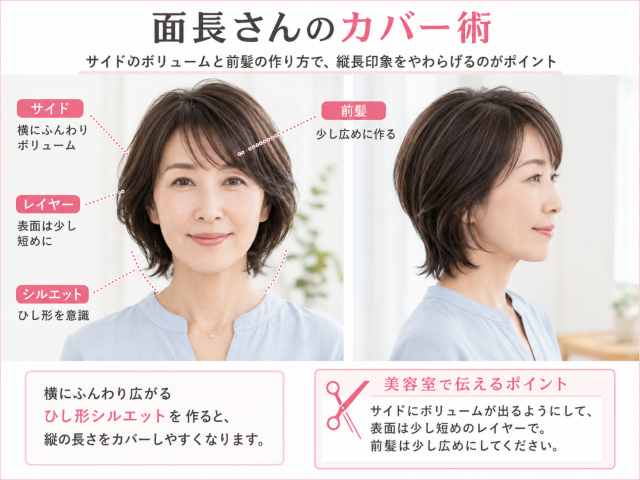 面長の女性が松たか子さんの髪型を再現するときのポイントをまとめた解説図