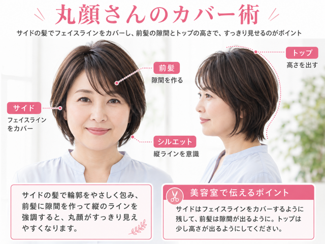 丸顔の女性が松たか子さんの髪型を再現するときのポイントをまとめた解説図