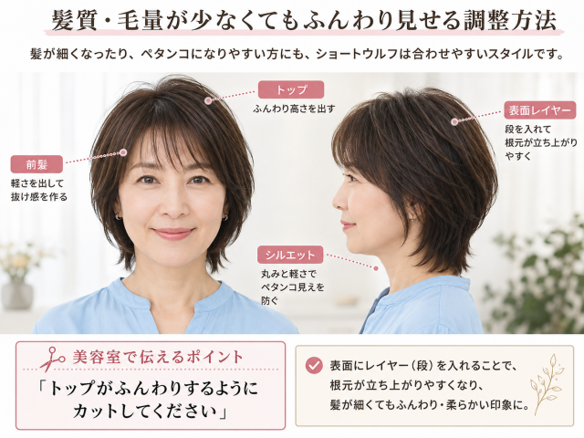 髪が細く、ペタンコになりやすい人がショートウルフを取り入れるときのポイント解説図