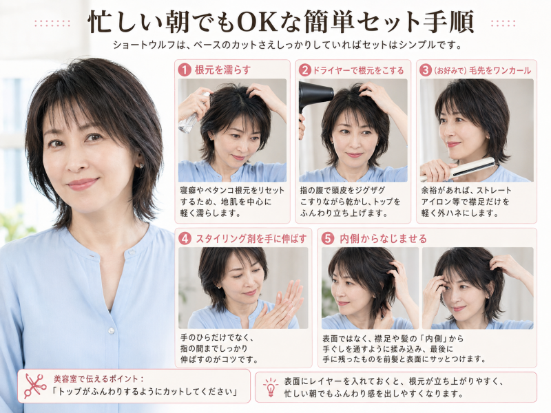 松たか子さん風ショートウルフヘアのセット方法の手順解説図
