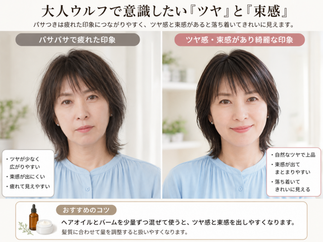 パサパサな髪質と「ツヤ」と「束感」がある髪質での印象の違いを比較した画像