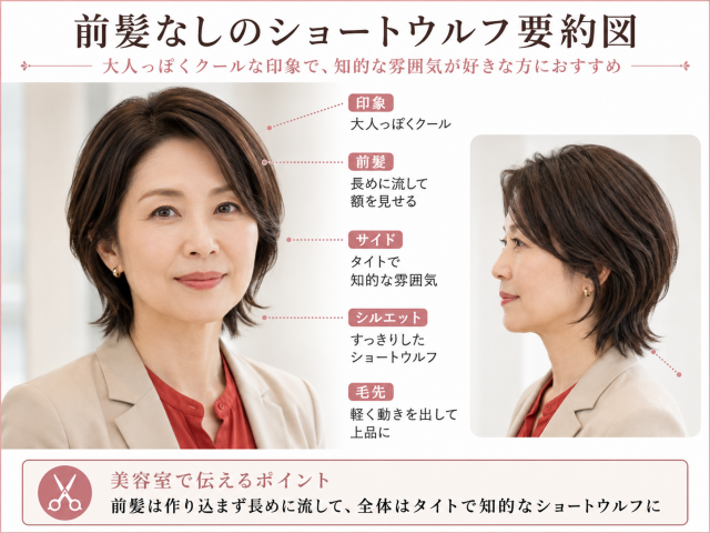 前髪なしのショートウルフを、40代から50代の日本人女性モデルで紹介した要約図。長めの前髪を自然にサイドへ流して額を見せ、サイドはタイトに整え、毛先に軽い動きを出すことで、大人っぽくクールで知的な印象になることが示されている。