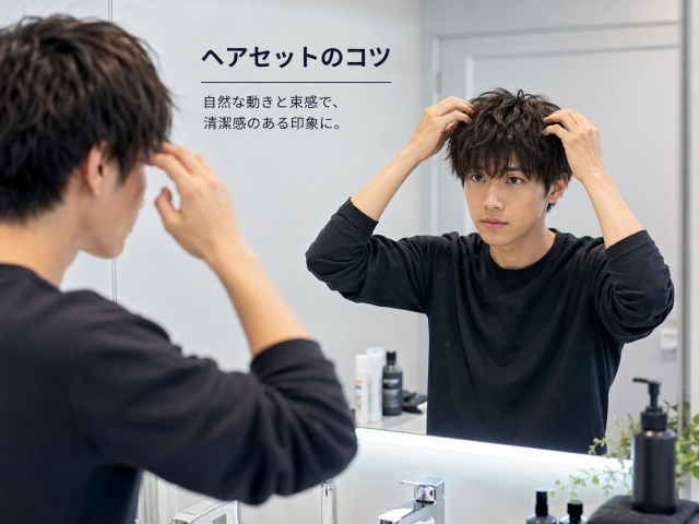 鏡の前で髪にスタイリング剤をなじませてセットしている男性のイメージ