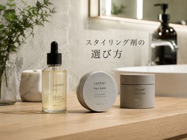 ヘアオイル、バーム、ワックスが並んだスタイリング剤のイメージ