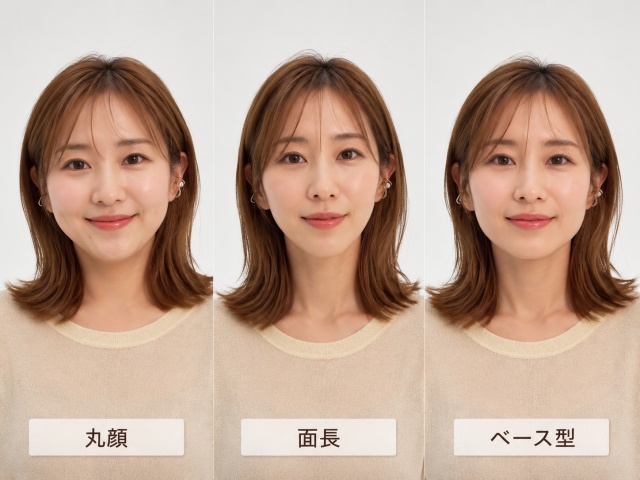 丸顔・面長・ベース型の3タイプの顔の形の女性が田中みな実さんの髪型を真似したときのイメージ図