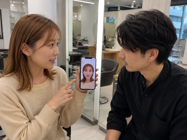 美容室で女性客が男性美容師にスマホを見せながらイメージを伝えるシーン