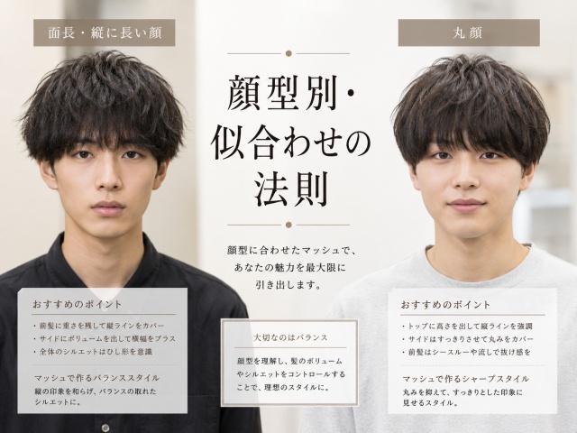 面長と丸顔の男性モデルによる、顔型別似合わせマッシュヘアのイメージ