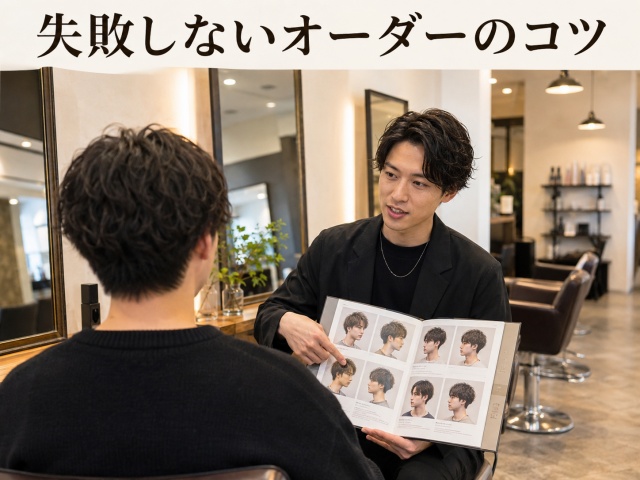 美容室で美容師に希望の髪型を伝えているオーダー風景のイメージ