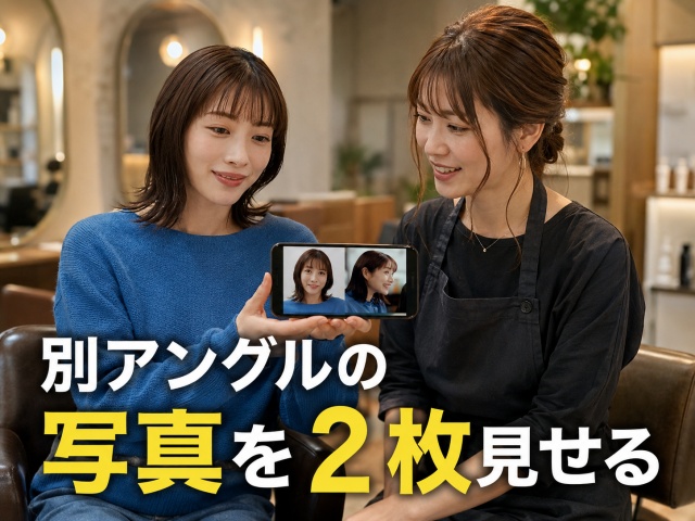 美容室で別アングルの写真を美容師に見せるイメージ