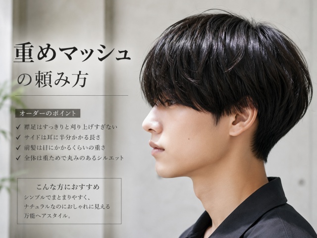 黒髪重めマッシュの横顔シルエットとツヤ感のイメージ