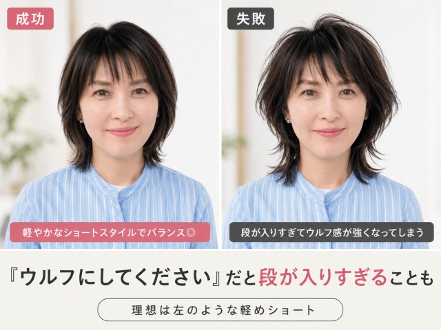 松たか子さん風の軽めショートヘアの成功例と、段が入りすぎたウルフヘアの失敗例を並べて比較した画像。左は自然な丸みと軽い毛先のバランスが取れた髪型、右はレイヤーが強く入りすぎてウルフ感が目立つ髪型になっている。