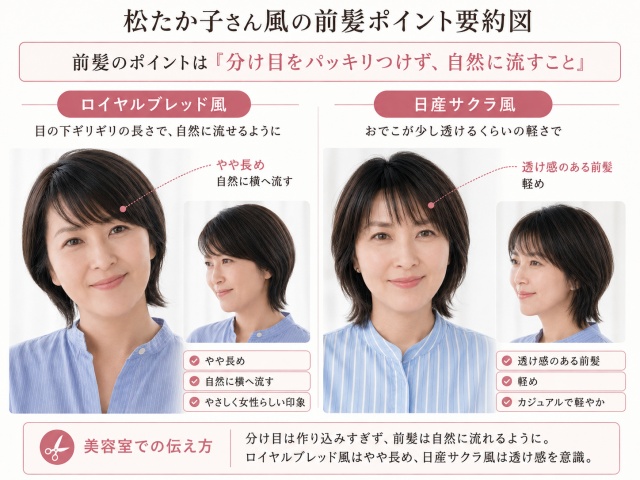 松たか子さん風の前髪のポイントを、ロイヤルブレッド風と日産サクラ風で比較した要約図。ロイヤルブレッド風は目の下ギリギリの長さで自然に横へ流す前髪、日産サクラ風はおでこが少し透ける軽めの前髪として紹介されている。