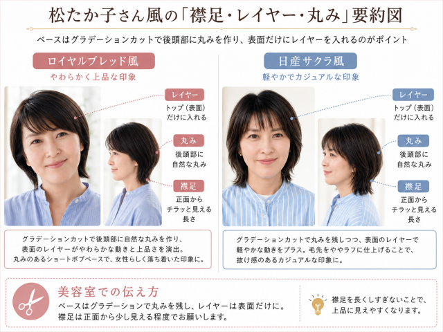 松たか子さん風の髪型について、襟足・レイヤー・丸みの残し方をロイヤルブレッド風と日産サクラ風で比較した要約図。どちらもグラデーションカットで後頭部に自然な丸みを作り、レイヤーはトップの表面だけに入れ、襟足は正面から少し見える程度に残すことがポイントとして示されている。