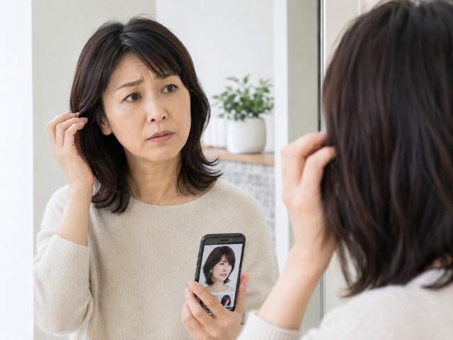 鏡の前でスマートフォンの髪型画像を見ながら、自分に似合うか不安そうに髪を触っている40代の日本人女性。松たか子さん風のショートヘアに憧れつつ、自分の顔立ちや雰囲気に合うか迷っている様子が表現されている。