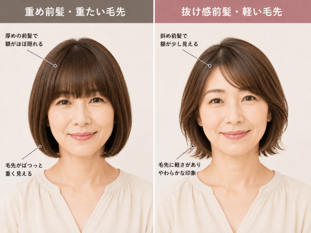 外ハネボブ 若見え コツとして、前髪の抜け感・毛先の軽さ・自然な動きがわかる比較イメージ