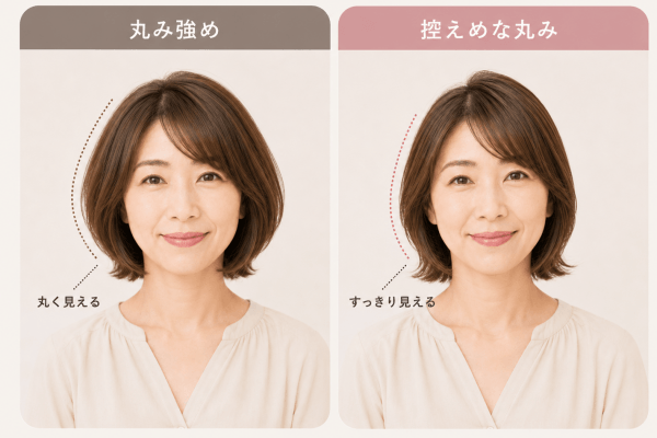 大久保佳代子 髪型を参考にした比較画像。丸みをつけすぎたボブと控えめな丸みの外ハネボブの違い