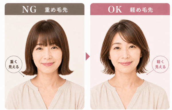 外ハネボブ 若見え コツとして毛先の軽さを比較した画像。重め毛先と軽め毛先の違いがわかる
