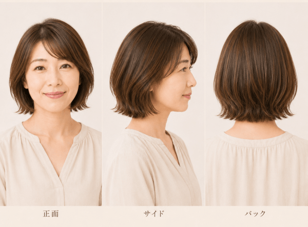 大久保佳代子 髪型 オーダー方法の参考になる画像。外ハネボブの正面・サイド・バックがわかるオーダー用コラージュ