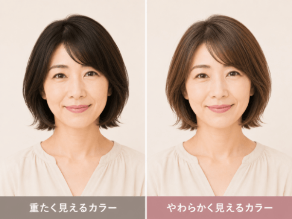 外ハネボブ 若見え コツとしてカラーの違いを比較した画像。重たく見えるカラーとやわらかく見えるカラーがわかる