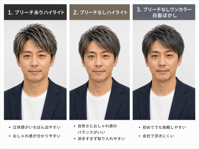 40代メンズ白髪ぼかし3種類の比較イメージ