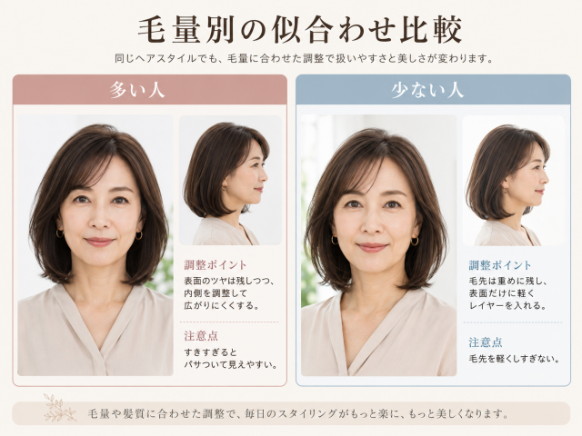 毛量が多い人と少ない人に合わせたミディアムボブの調整ポイントを比較した実写のガイド画像。40代から50代くらいの日本人女性モデルが、左では毛量が多い人、右では毛量が少ない人の例として並んでいる。毛量が多い人は、表面のツヤを残しながら内側を調整して広がりを抑えること、すきすぎるとパサついて見えやすいことが示されている。毛量が少ない人は、毛先を重めに残し、表面だけに軽くレイヤーを入れることで、ふんわり感を出しやすくするポイントが紹介されている。