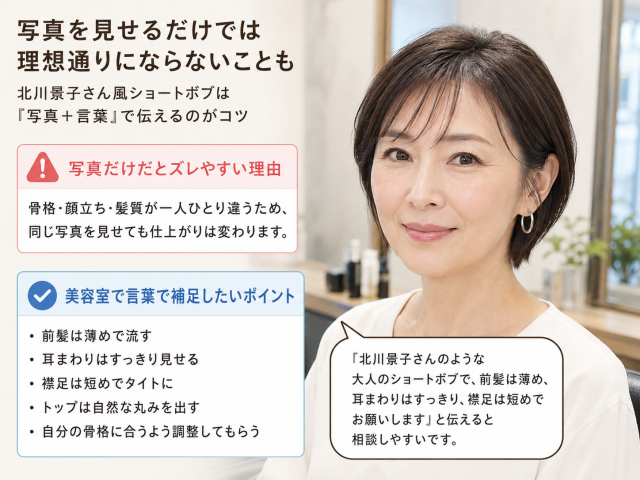 美容室で写真だけで髪型を伝えると仕上がりがずれやすい理由と、北川景子さん風ショートボブを言葉で補足して相談するポイントをまとめた説明画像