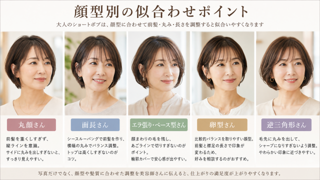 顔型別に似合う大人のショートボブの調整ポイントを、5種類の顔型ごとに実写モデルで比較した説明画像。丸顔、面長、エラ張り・ベース型、卵型、逆三角形の5パターンが横並びで配置され、それぞれ前髪、丸み、長さの似合わせポイントが日本語で整理されている。