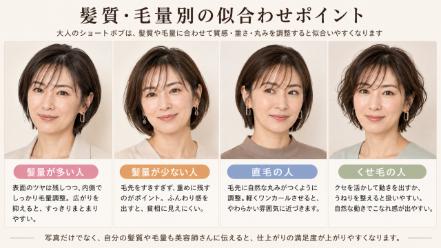 髪質・毛量別に大人のショートボブの似合わせポイントを4分割で比較した説明画像。髪量が多い人、髪量が少ない人、直毛の人、くせ毛の人の4パターンについて、実写モデルの髪型と日本語の解説で、質感・重さ・丸みの調整方法を整理している。