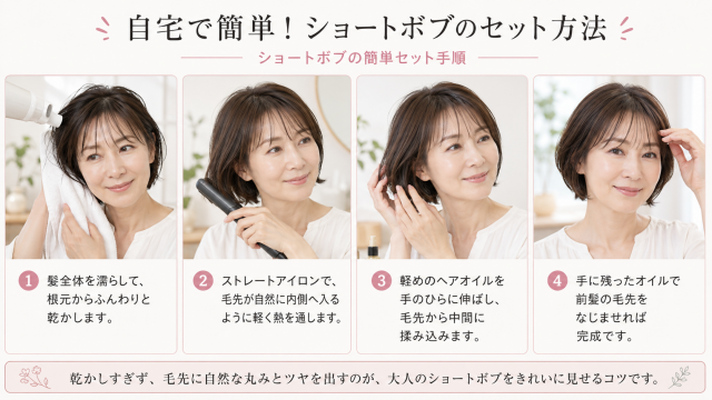 自宅でできるショートボブの簡単なセット手順を4ステップで解説した画像。日本人の中高年女性モデルが、髪を濡らして根元から乾かす、ストレートアイロンで毛先を内側に整える、軽めのヘアオイルを毛先から中間になじませる、前髪の毛先を整えて仕上げる流れを実写風に示している。