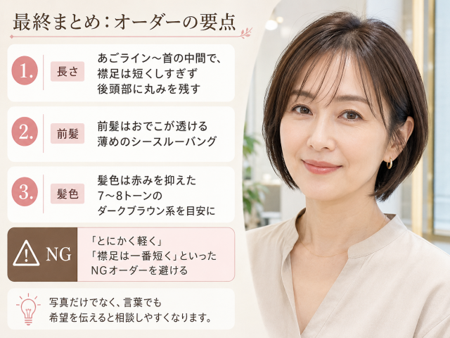 北川景子さん風ショートボブを美容室でオーダーするときの要点をまとめた説明画像。日本人の中高年女性モデルが、あごラインから首の中間ほどの長さ、短くしすぎない襟足、後頭部の丸み、薄めのシースルーバング、赤みを抑えたダークブラウン系の髪色を取り入れたショートボブで写っている。左側には、長さ・前髪・髪色・避けたいNGオーダーが日本語で整理されている。