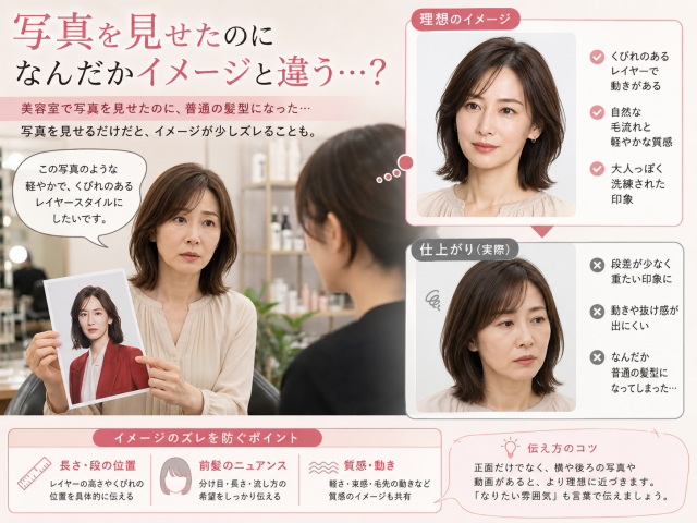美容室でヘアスタイル写真を見せたのに仕上がりがイメージと違ってしまう例を解説した要約図。40代から50代くらいの日本人女性が美容師に写真を見せながら相談しており、右側には「理想のイメージ」と「仕上がり(実際)」の比較が並ぶ。理想は軽やかでくびれのあるレイヤースタイル、実際は段差が少なく動きの出にくい普通の髪型として示され、下部にはズレを防ぐための伝え方のポイントが整理されている。