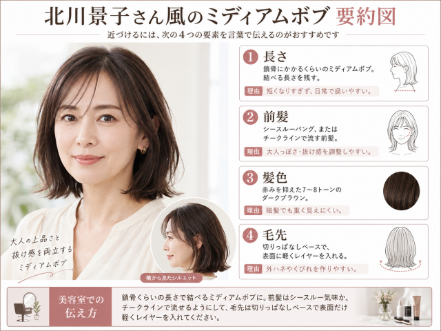 北川景子さん風のミディアムボブに近づくためのポイントをまとめた実写の要約図。40代から50代くらいの日本人女性モデルが、鎖骨にかかる長さのミディアムボブで写っており、前髪はシースルーバングまたはチークラインで流す形、髪色は赤みを抑えた7〜8トーンのダークブラウン、毛先は切りっぱなしベースに表面だけ軽くレイヤーを入れたスタイルとして紹介されている。横から見たシルエットも添えられ、4つの要素とその理由が整理されている。