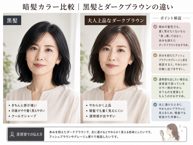 黒髪と大人上品なダークブラウンの違いを比較した実写の要約図。40代から50代くらいの日本人女性モデルが、左では黒髪、右では赤みを抑えたダークブラウンの同じヘアスタイルで並んでいる。黒髪はきちんと感やシャープさが強く、やや重く見えやすい印象。ダークブラウンはやわらかく上品で、暗髪でも重く見えにくく、透明感が出やすい印象として紹介されている。右側には、美容室でのオーダー時にアッシュブラウンやグレージュ系を相談するとよいことも説明されている。