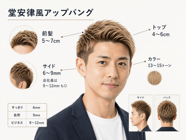 堂安律風アップバングショートの前髪・サイド・トップ・カラーの長さ目安を解説する画像