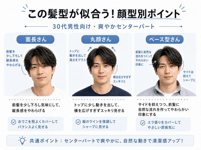 30代男性向けに顔型別の似合わせポイントをまとめたヘア解説画像