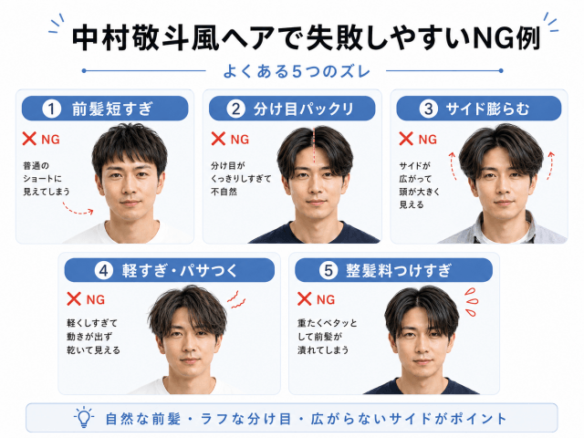 中村敬斗風ヘアの失敗しやすいNG例をまとめたイメージ画像