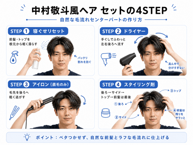 中村敬斗風ヘアのセット手順をまとめたスタイリング解説画像