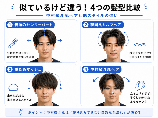 普通のセンターパートと中村敬斗風ヘアの違いを示す比較イメージ画像